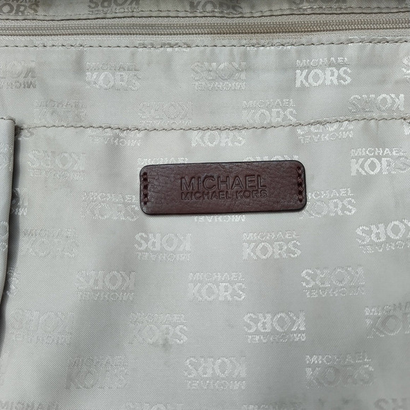 Michael Kors Brown Canvas Leather Trim MK Printed Double Handle Zipper Tote Bag - Picture 15 of 16
